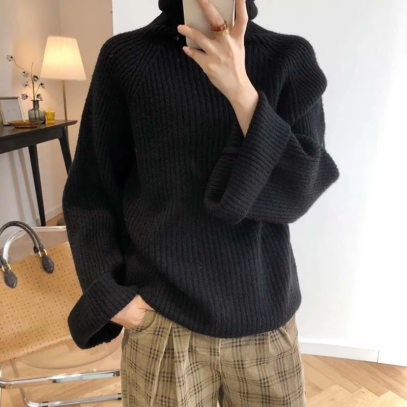 CamKemsey Winter Women Harajuku Knitted Sweaters Autumn Lazy Loose Thicken Turtleneck Sweaters And Pullovers - Цвет: Black