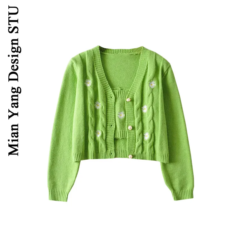 Пасторальный платья с вышивкой для девочек Вязанный свитер кардиган комплект из