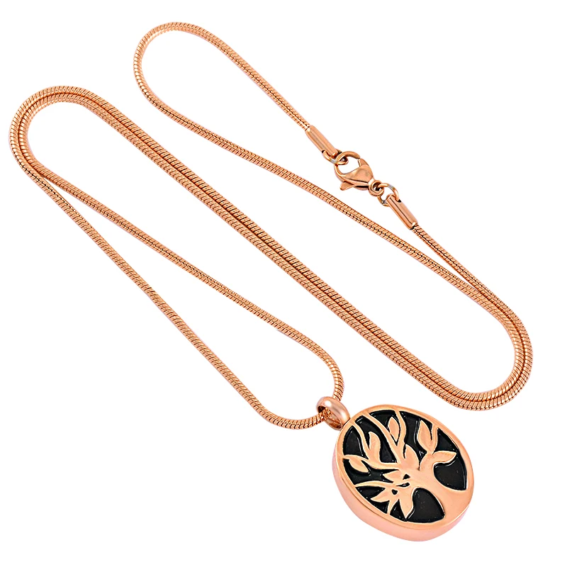

IJD9421 Stainless Steel Rose Gold Tree of Life Oval Pendant Cremation Necklace for Ash Urn Keepsake Necklace for Men Women