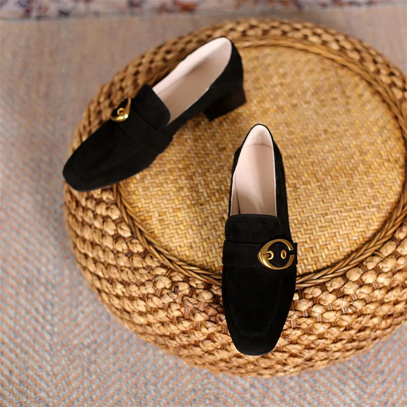 

Meotina Women Shoes Kid Suede Block Heels Pumps Buckle Square Toe Casual Shoes Ladies Mid Heel Footwear Spring Apricot 2021 New