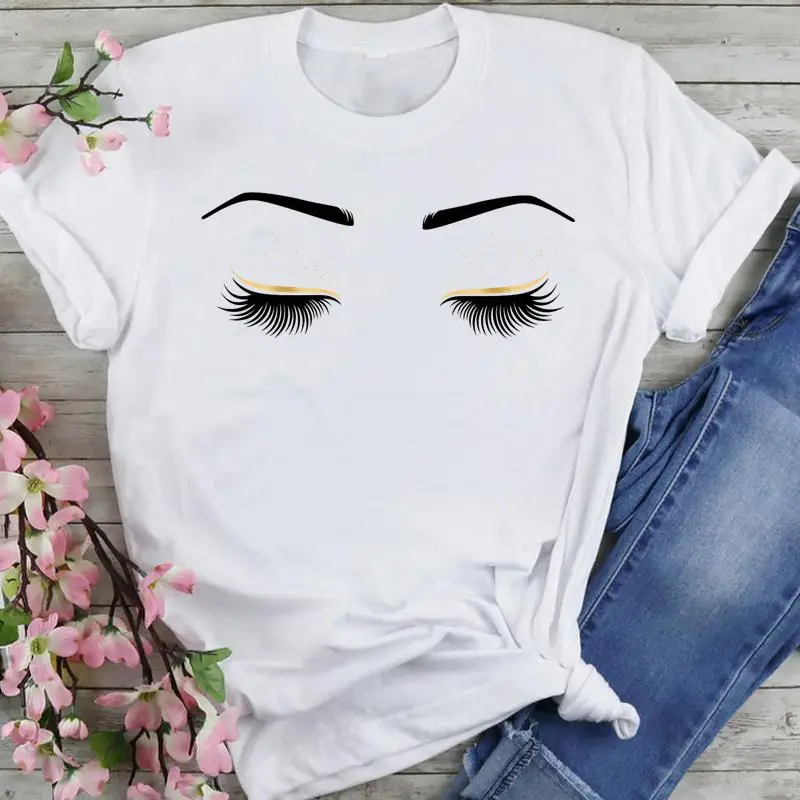 

Women Sweet 90s Eyelash Watercolor Make Up Cartoon Summer Fashion Lovely Clothes Print Short Sleeve Tops Tees Tshirt T-Shirt