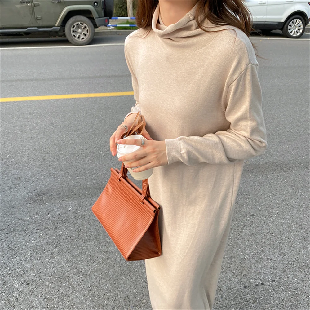 

동대문 All Match Bottoming Turtleneck Long Dress Knitted 2021 Robe Loose Straight Casual Chic Women OL Lady Autumn Vestidos