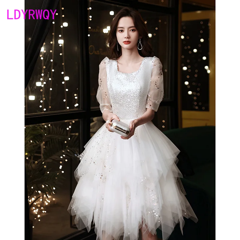 

LDYRWQY 2021 summer Korean edition new fashion sexy white socialite temperament French bouffant gauze dress