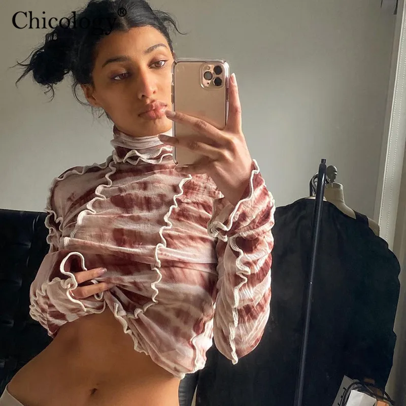 Женская водолазка с длинным рукавом Chicology Y2K принтом в виде галстука-красителя