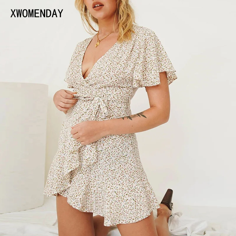 Женская короткая платья Лето Стиль бохо Мини платье с принтом Женский