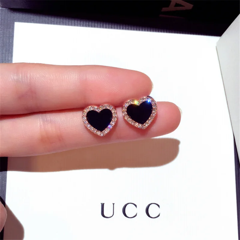 

Engagement Enamel Heart Stud Earrings for Women Girls Rose Gold Color Summer jewelry Black Earring Wedding Gifts