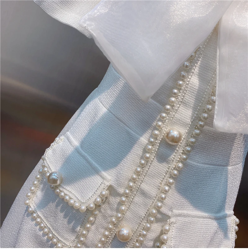 

High Quality Women Summer Elegant Temperament Ladies Sweet Pure Color Bow Pearl Buckle Short-Sleeved Dress