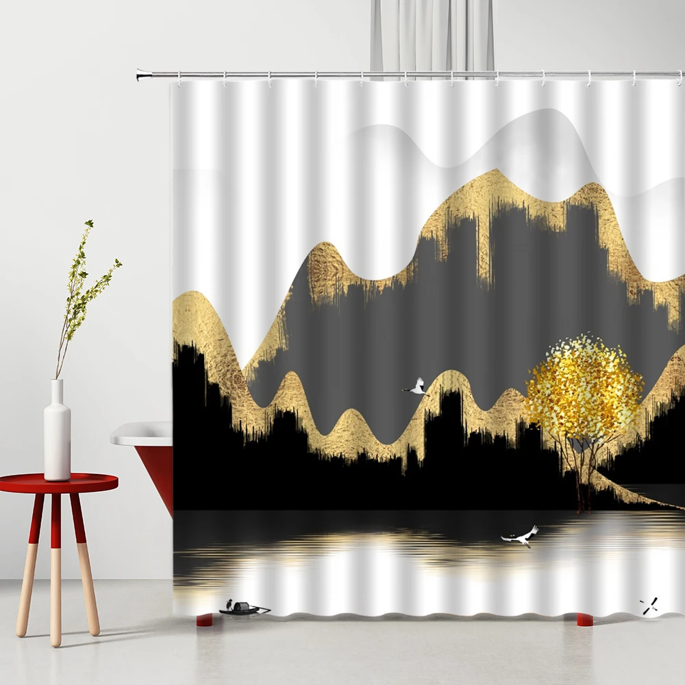 

Bathroom Curtain Chinese Landscape Shower Curtains White Golden Black Mountain Ink Painting Tree Bathing Screen Home Decoration
