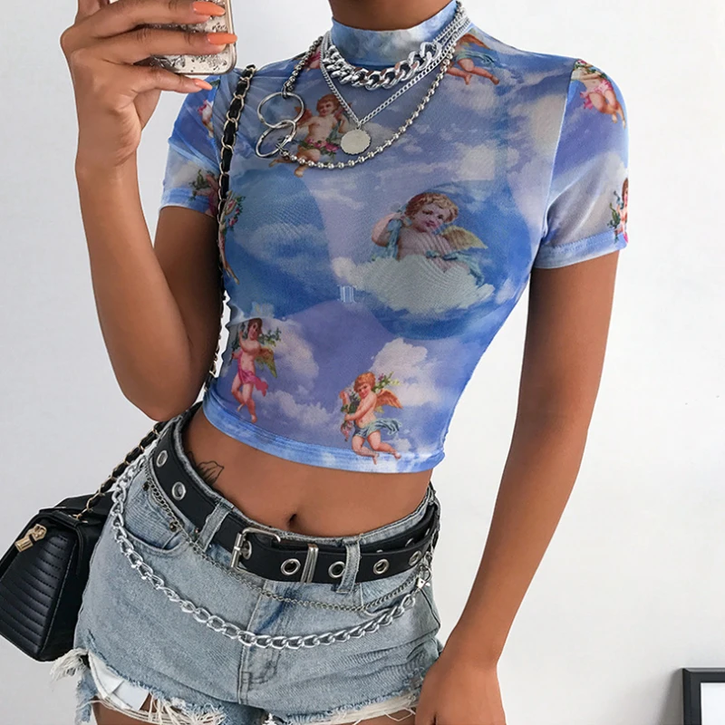 

short sleeve tees 2021 new bluzki womenblouses femme tops for summer angel printing net yarn cropped round neck bottoming top