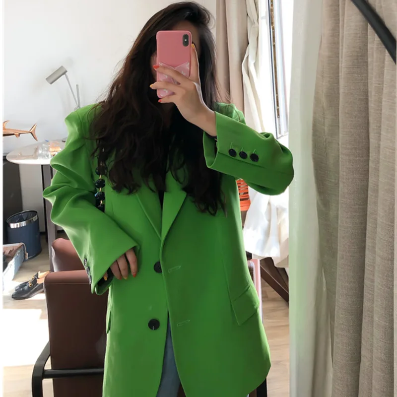 

[EWQ] Autumn 2021 Tide Notched Single-breasted Green Full Loose Suit Fashion Big Pocket Coat High quality office lady blazer
