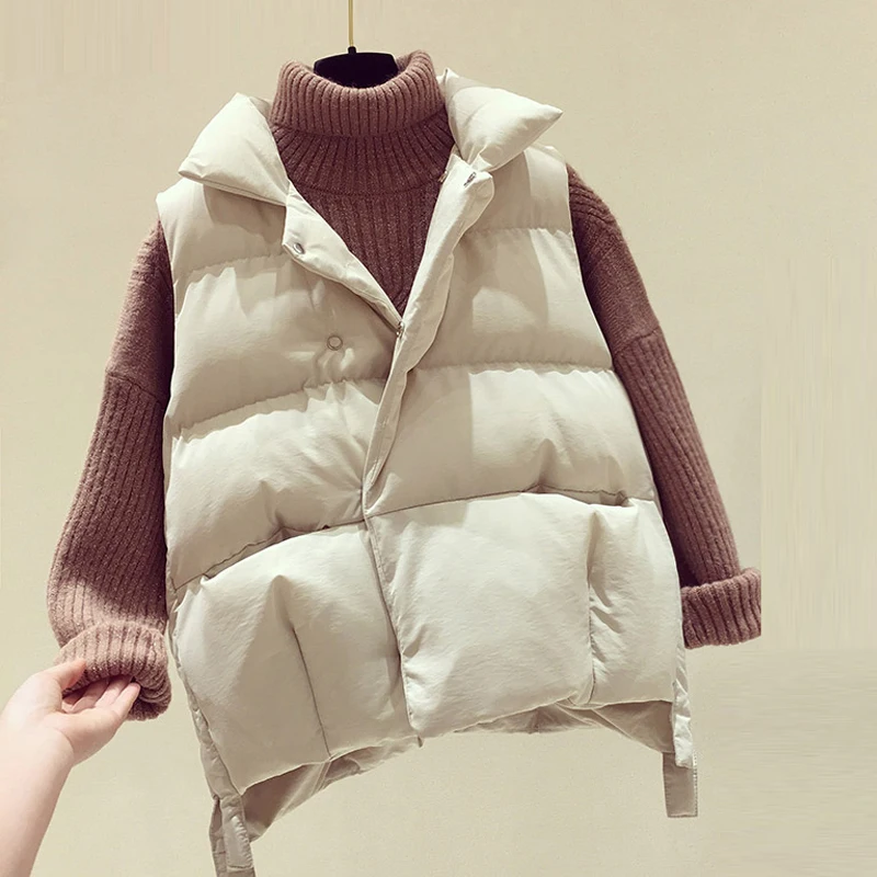 

Повседневный женский жилет без рукавов бежевого и черного цвета с подкладкой, осенняя свободная теплая парка, жилеты, пальто для женщин