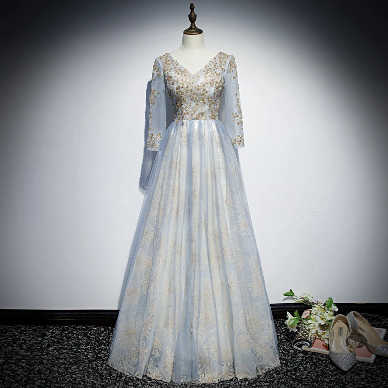 

Evening Dress for Women 2020 Floor Length V-neck A-line Party Dress Full Sleeve Long Plus Size Customized Elegant Prom Dresses