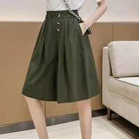 womens summer wide leg short pants fashion large pocket loose casual slim knee length trousers female army green khaki