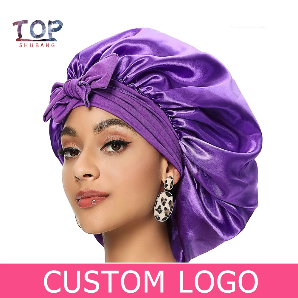 Custom Logo 15Pcs Large Satin Bonnets Sleep Cap  Edge Scarf Band Bonnet For Women Haircare