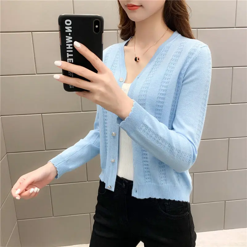 Женский короткий вязаный кардиган тонкий с длинным рукавом Солнцезащитный