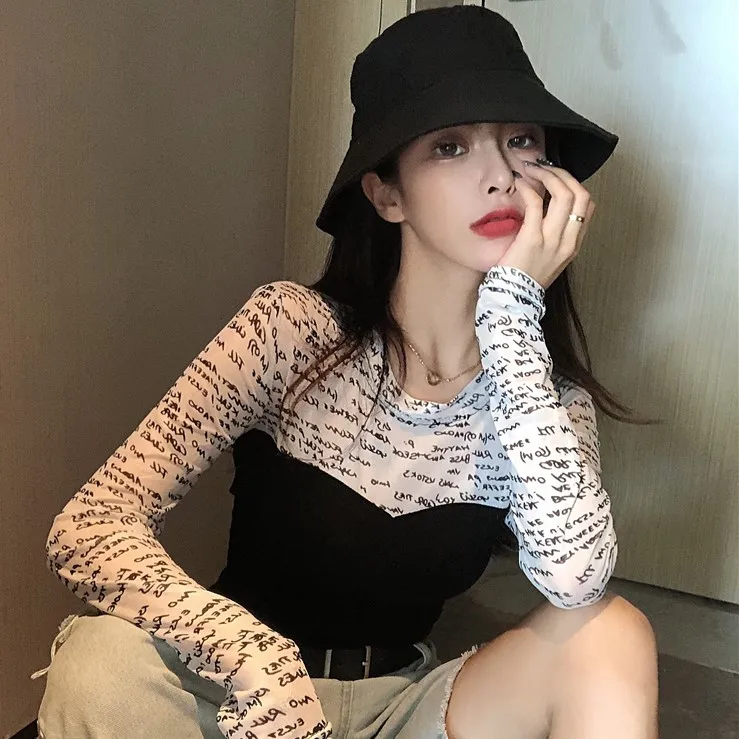

Women Autumn Letters Print Patchwork Mesh Slim T Shirt Tee Crop Top Girls Female Fake Two Pieces