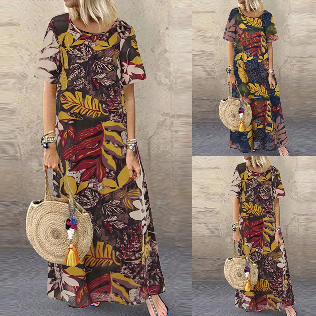 Женское винтажное платье с цветочным принтом и круглым вырезом коротким рукавом