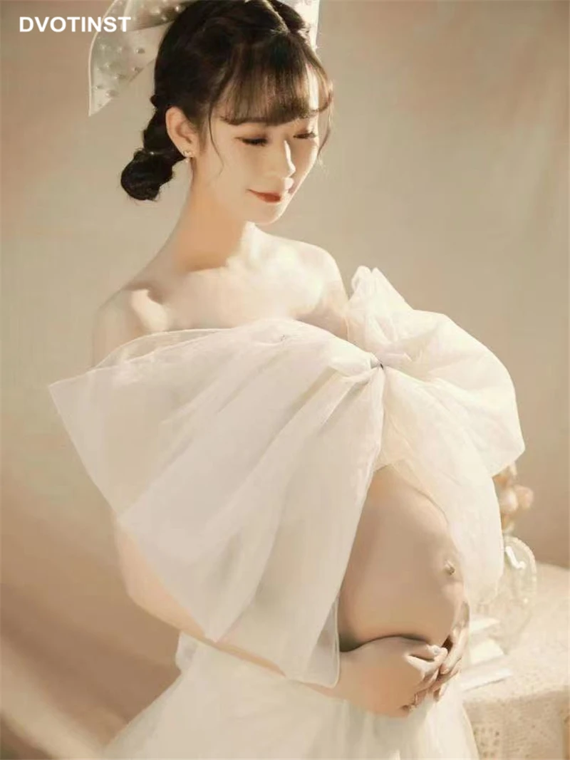Dvotinst Women Photography Props White Elegant Bow-knot Maternity Dresses Pregnancy Dress Headband Studio Shooting Photo Props enlarge