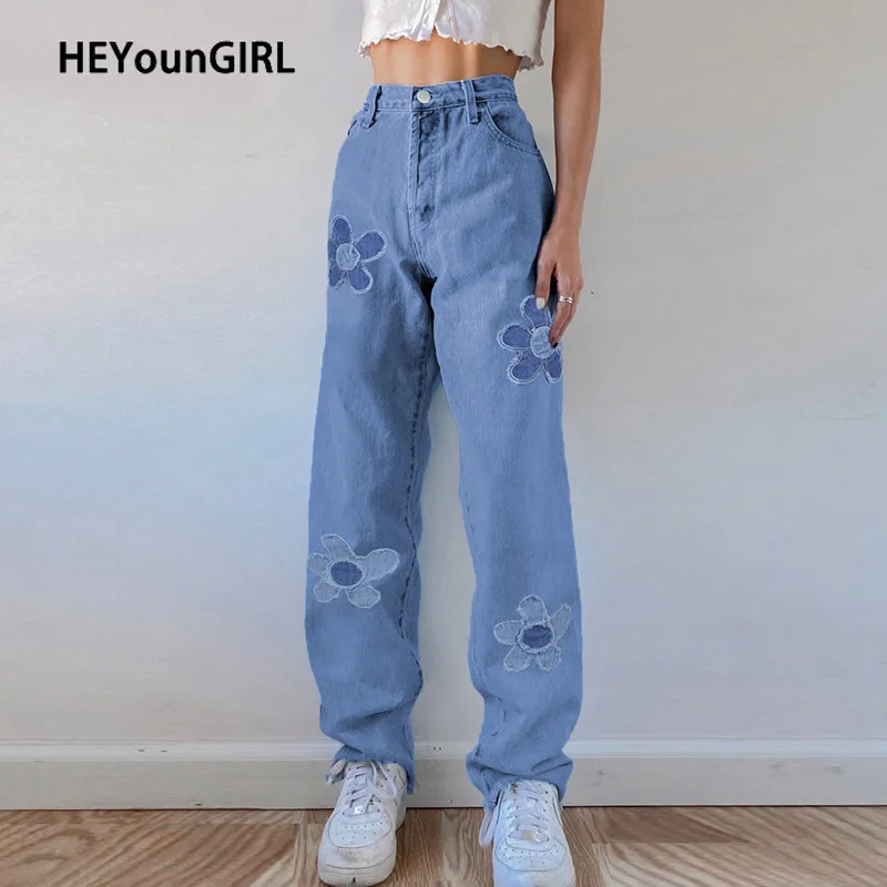 

HEYounGIRL Floral Patchwork Casual Vintage Jeans Women High Waist Denim Pants Capris Fashion Elegant Trousers Ladies Summer 2021