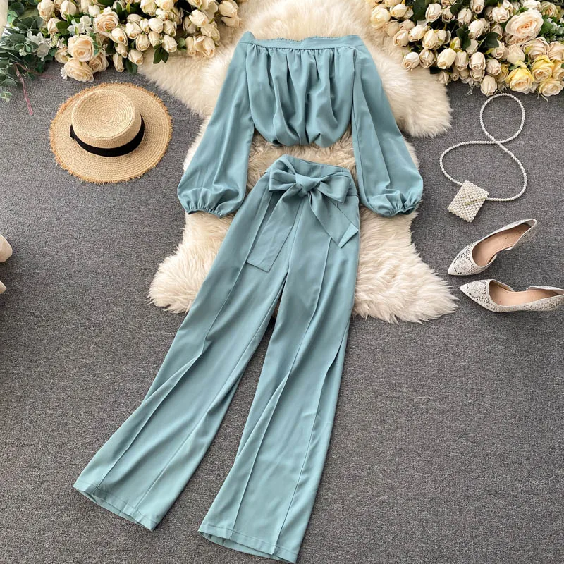 

Женские новые модные тонкие короткие топы с длинными рукавами и вырезом лодочкой + женские широкие брюки с завязками на поясе и высокой тали...