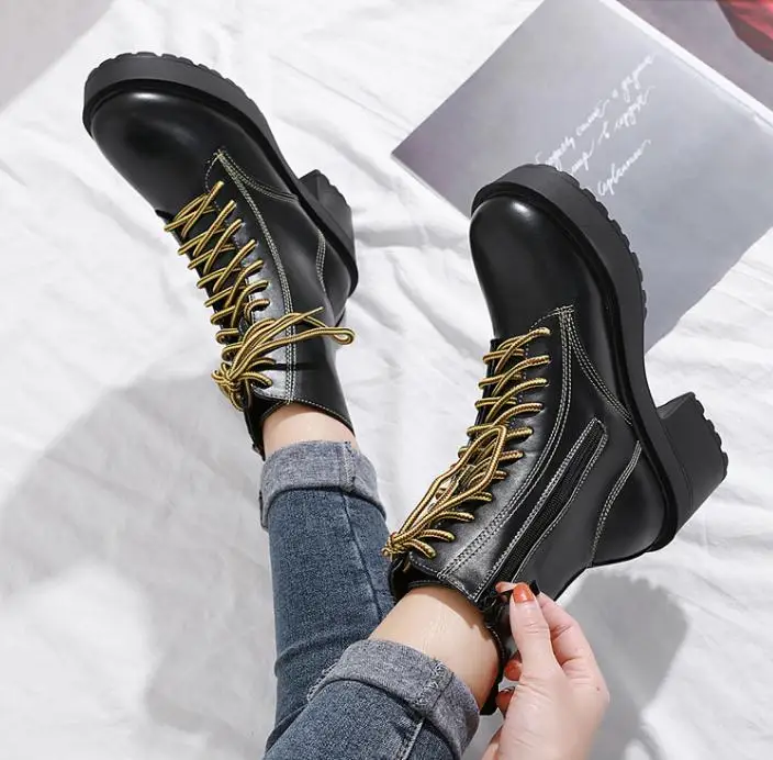 

New fashion boots with cross lacing, round head, side zipper, high heel, thick heel, ankle boot, waterproof platform, thick sole