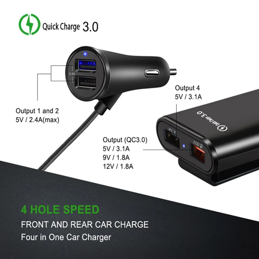 USB Автомобильное зарядное устройство Быстрая зарядка QC 3,0 4 порта быстрое автомобильное зарядное устройство для телефона 5.6ft удлинитель для iphone X Xiaomi автомобильное зарядное устройство