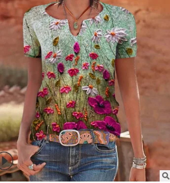 

2021 spring and autumn summer new fashion casual plus size women's V-neck printed slim short-sleeved T-shirt top