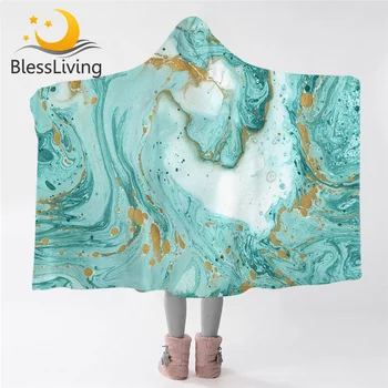 BlessLiving Marble Hooded Blanket Chic Girly Sherpa Fleece Throw Blanket Mint Gold Glitter Turquoise Wearable Blanket With Hat 1