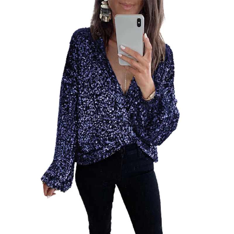 

Sequined Fashion Sexy V Neck Loose Casual Women Clothing Spring Long Sleeve Blouse Shirt Ladies Elegant Tops 2020 SJ5551M