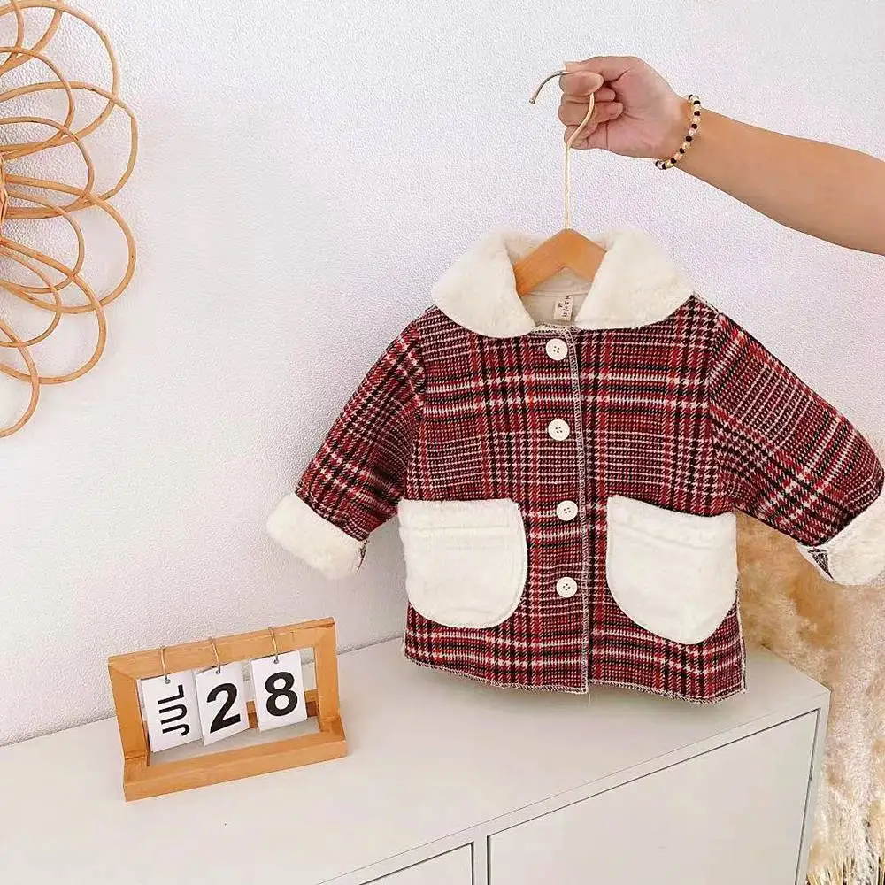 

Warm Winter Kids Children Girls Plaided Coat Outwear Woolen Blended Long Sleeve Velvet Thicken Fashion Coats Jackets WT1326