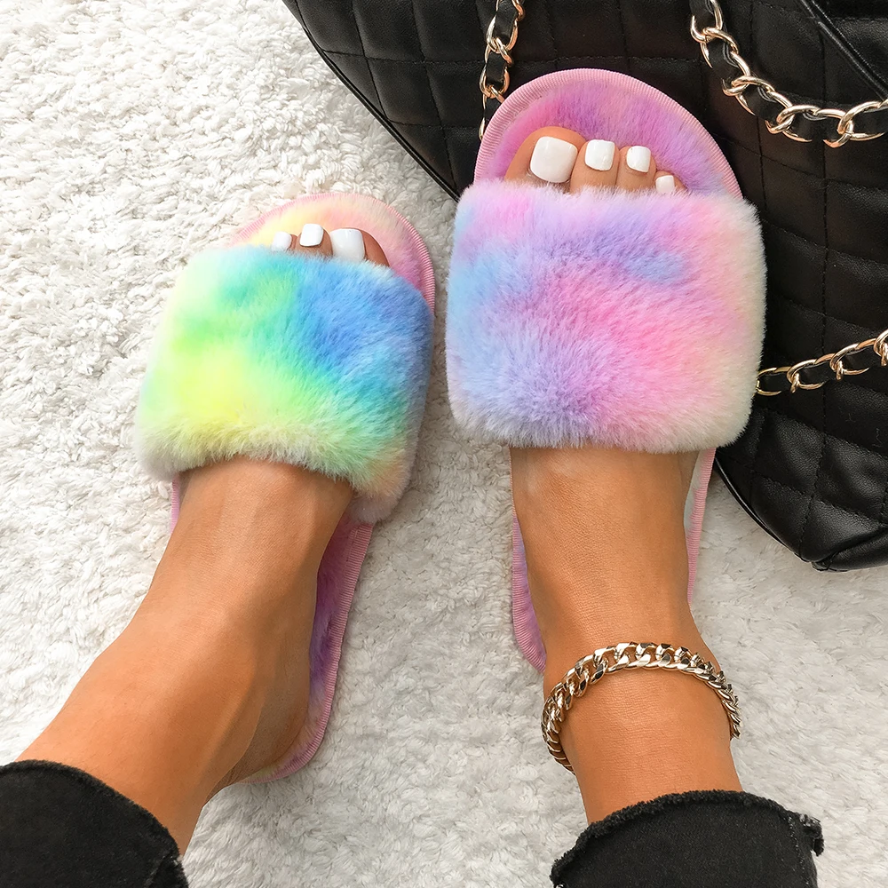 Furry Fur Slippers Women Fluffy Flip Flops Faux Fur Fuzzy Slides Plush House Slippers Ladies Cozy Flat Sandals Female Home Shoes