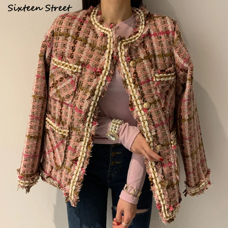 

Vintage Pink Plaid Tweed Jacket for Woman Fall 2021 O-neck Single Breasted Wool Cropped Coat Business Elegant Outerfit OL Winter