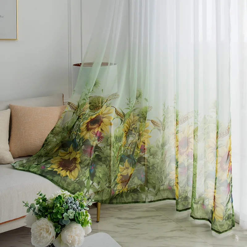 

Sunflower Printed Tulle Curtains for Living Room White Green Voile Sheer Curtain for Bedroom Window Curtain Fabric Decorations