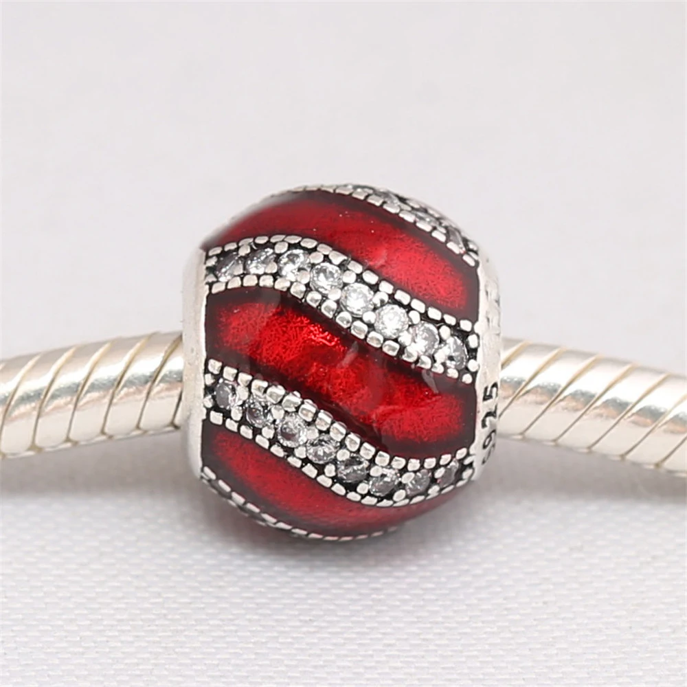 

925 Sterling Silver Adornment, Translucent Blue Red Enamel & Clear Cz Charms Bead Fit Pan Bracelet Jewelry