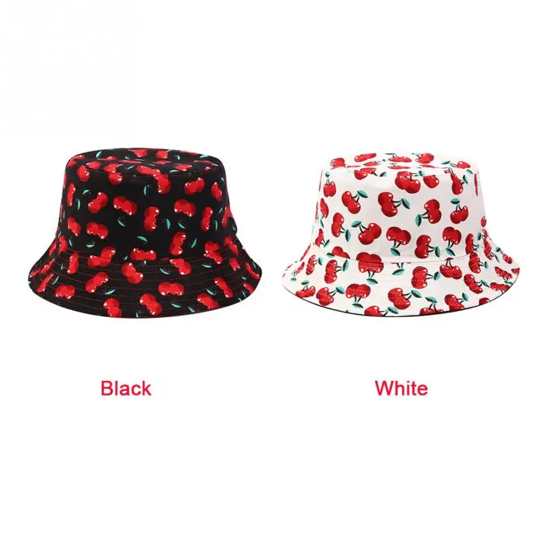

Soft Cute Bucket Hats Outdoor Bucket Hat Two Side Cherry Print Beach Packable Protection Reversible Cotton Blend Men Women