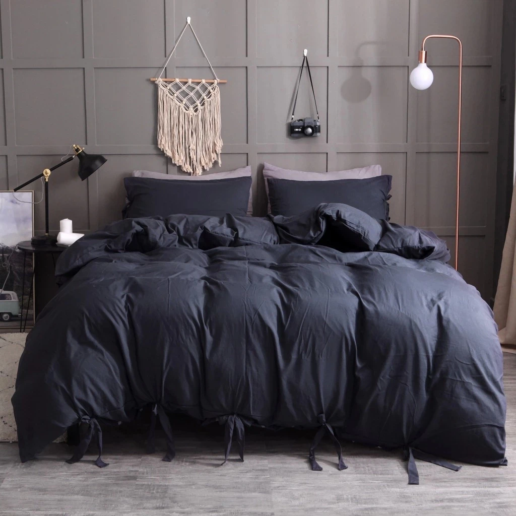 

High-End Soft Gray Duvet Covers Set Queen King Size Wahsed Cotton Comforter Cover Set Luxury Strap Duvet Cover