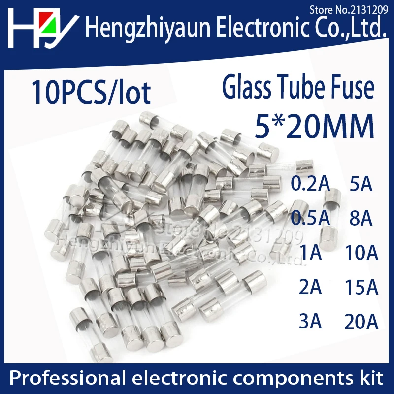 

10Pcs/lot 5*20MM Fast Quick Blow Glass Tube Fuse Assorted Kit Fast Blow Glass Fuses 1A 2A 3A 5A 6A 10A 12A 15A 20A/250V thermo