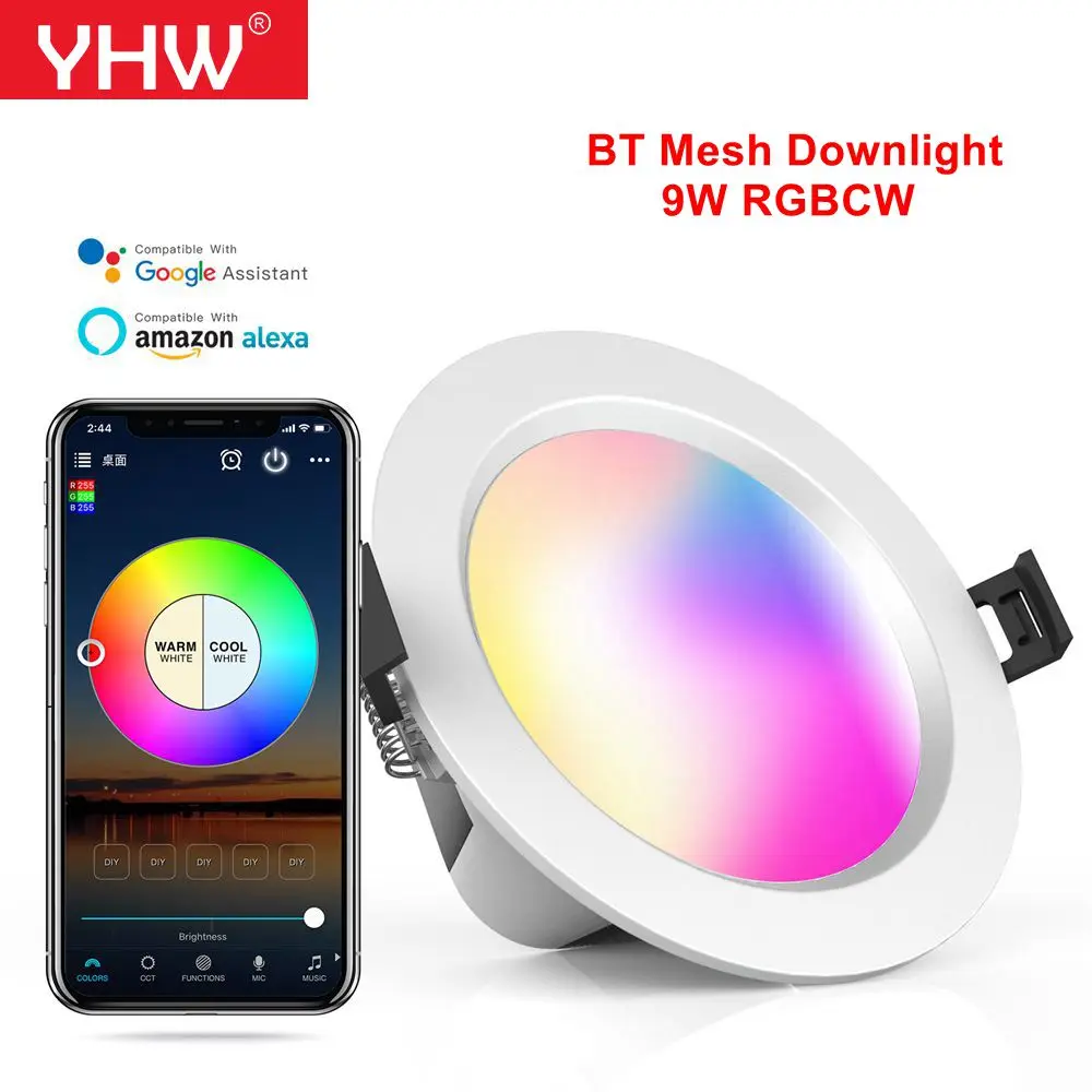 

YHW 9W RGBCW Bluetooth Mesh Downlight Smart APP Spot LED Light Color Changing Warm Cool light With Alexa Google Home For Bedroom