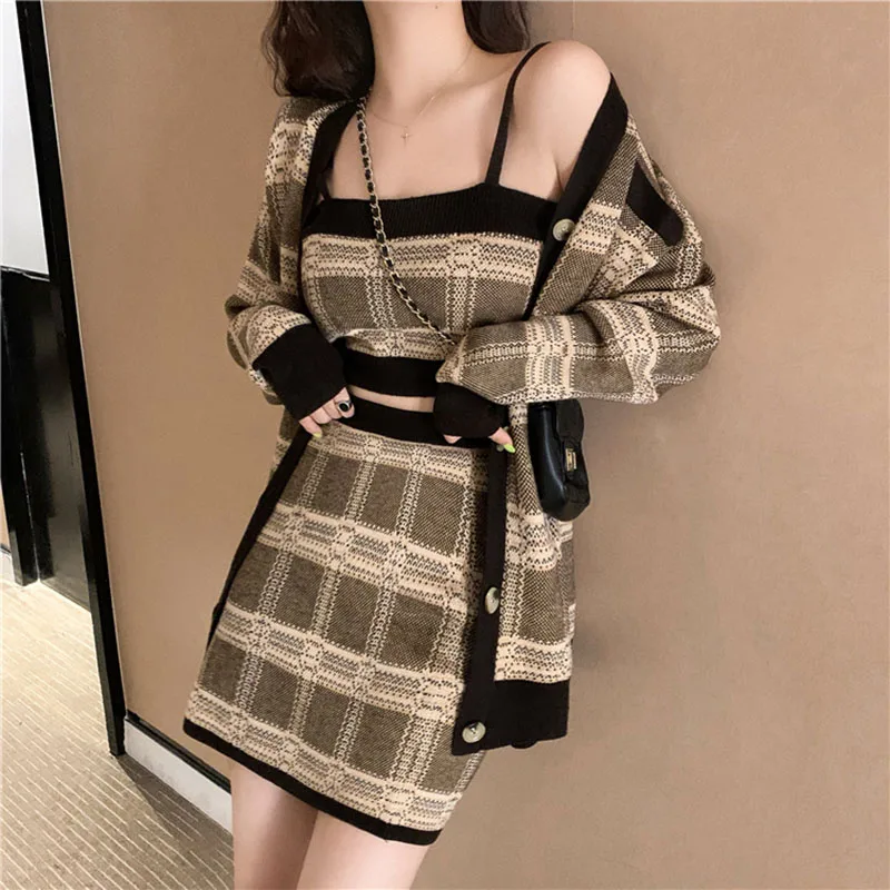 Women's Autumn Winter Plaid Cardigan Sweater Knit Suit New Korean Camisole A Word Skirt Three-piece Ins Tide ML168 |