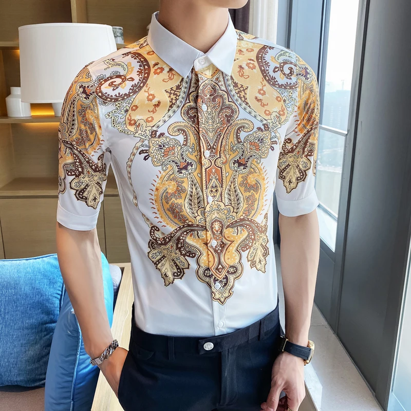

Loldeal Half Sleeve Shirt British Style Polyester Fiber Print Slim Fit Party Banquet