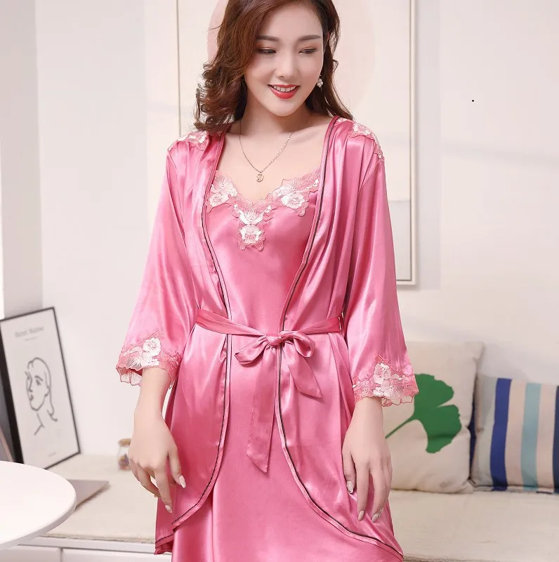 

Women Robe Set 2PCS Lace Floral Trim Rayon Strap Top Nightdress Kimono Bathrobe Loose Home Dress Dressing Gown Summer Sleepshirt