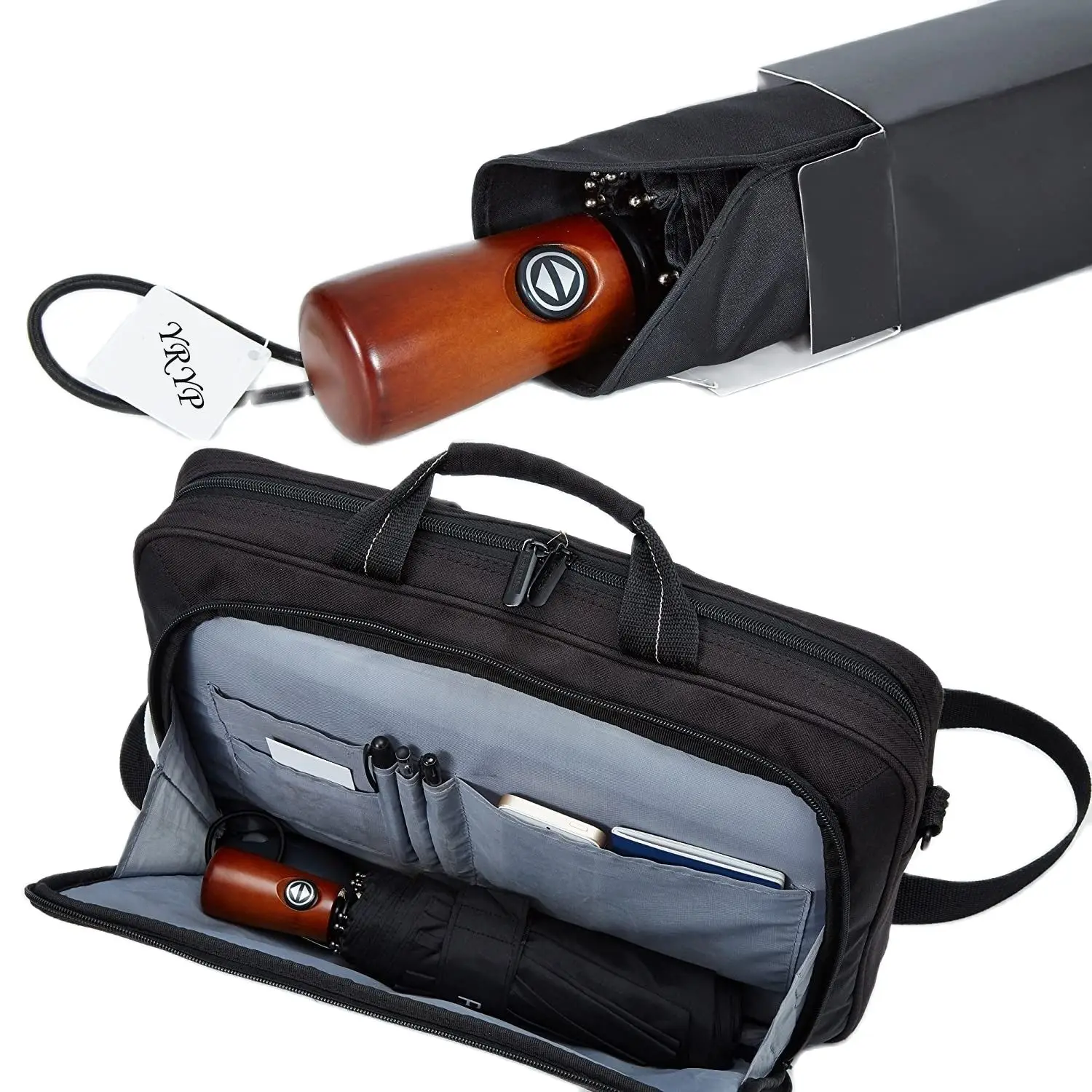 

Brand Portable Gift Parasol Wood Handle 3 Fold Windproof Rain Men Women Large Business Male Automatic Umbrella