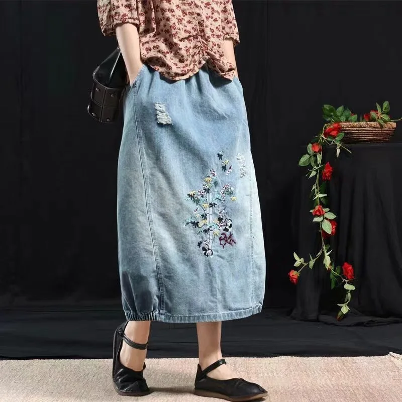 Повседневная новая джинсовая юбка с вышивкой и завязками сезон весна-осень