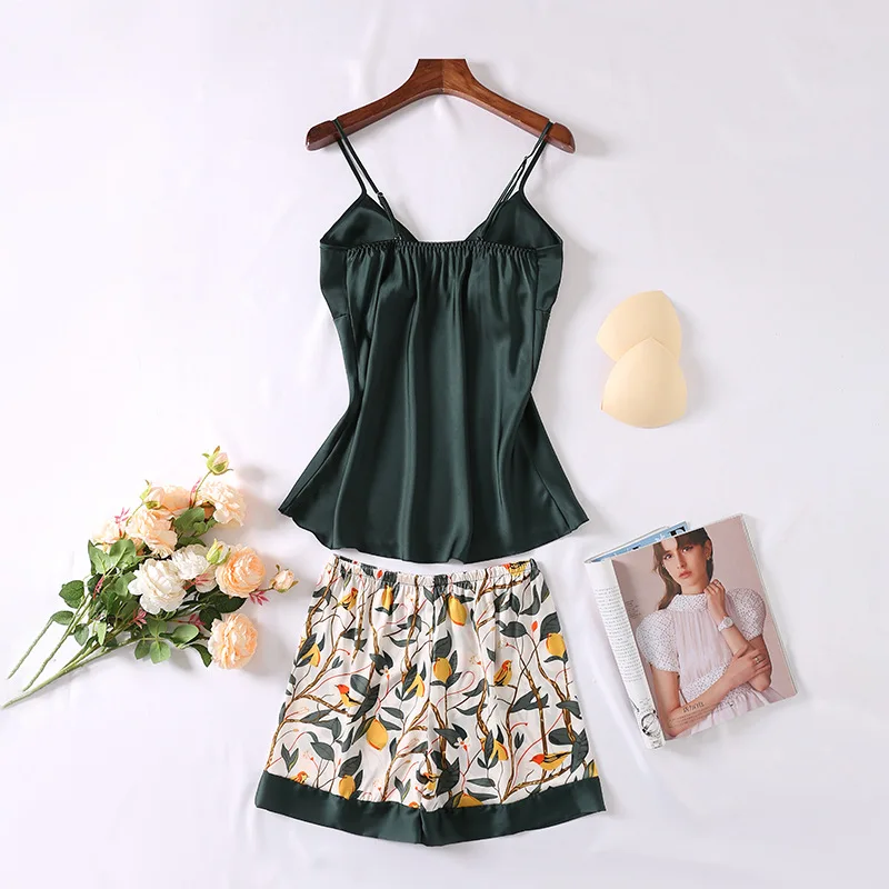 4 Pcs Suit Print Pajamas Set With Chest Pad Women Half Sleeve Sexy Fashion Pyjamas