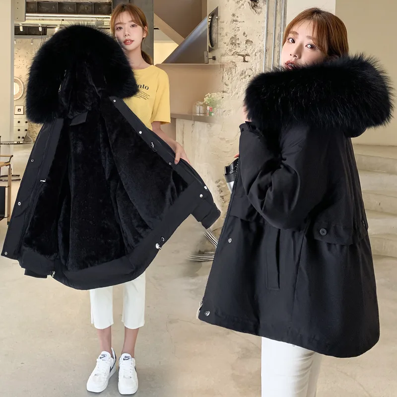 2021 Women Fur Collar Thicken Warm Parka Ladies Winter Solid Hooded Cotton Padded Coats Fashion Buttons Casual Female Jackets