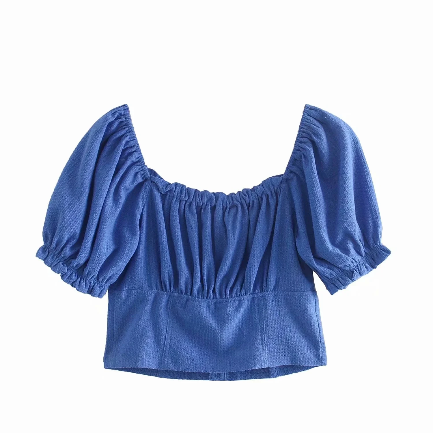 

2021 European and American women's summer light ripe woman collar lantern sleeve button trim slim short T-shirt