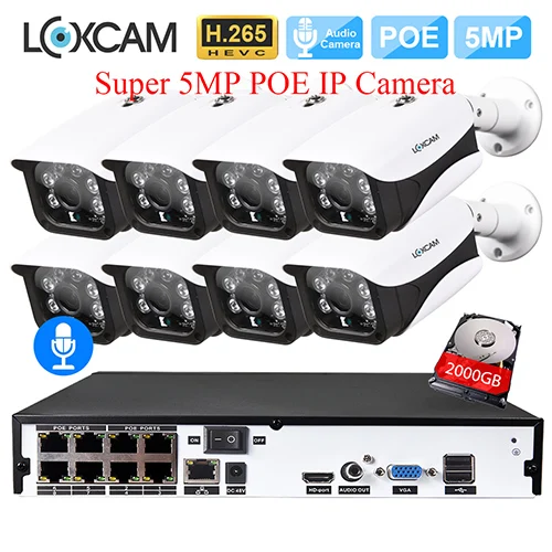 8CH NVR x 8 Cameras LOXCAM H.265+ 8CH система видеонаблюдения 5MP POE NVR комплект 5MP аудио запись открытый водонепроницаемый IP66 безопасности IP камера видеонаблюдения комплект - Цвет: 8CH NVR x 8 Cameras