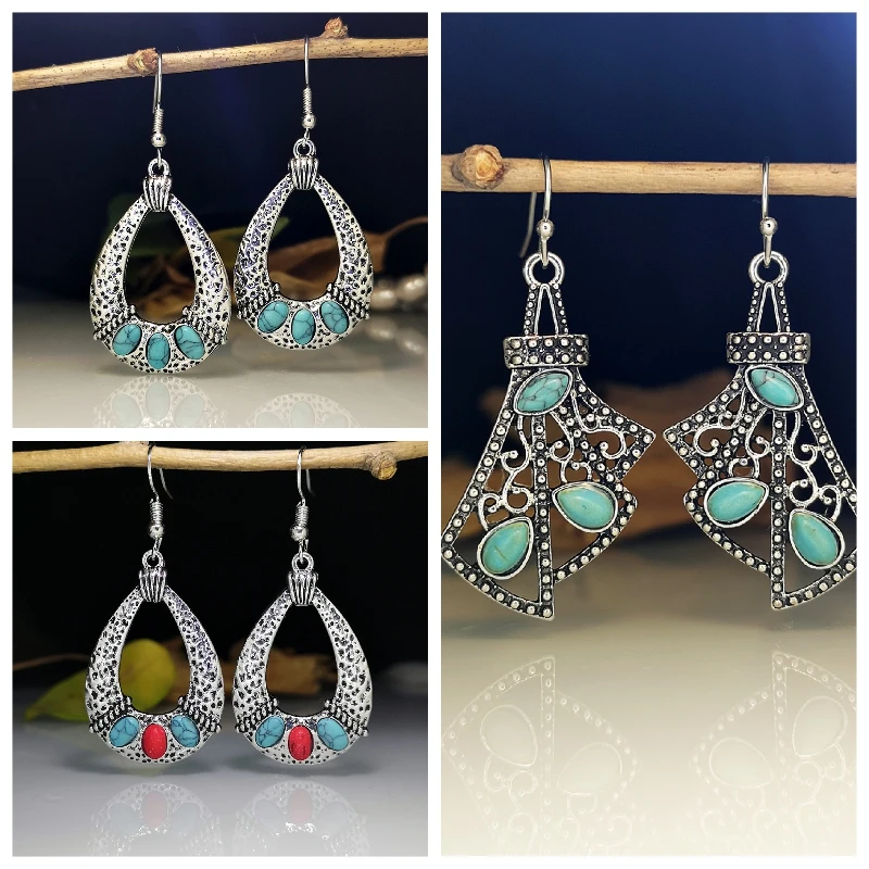 

Vintage Color Blue Stone Hook Earrings for Women Red Hollow Dangle Earring Fashion Bobo Water Drop Pendant Jewelry