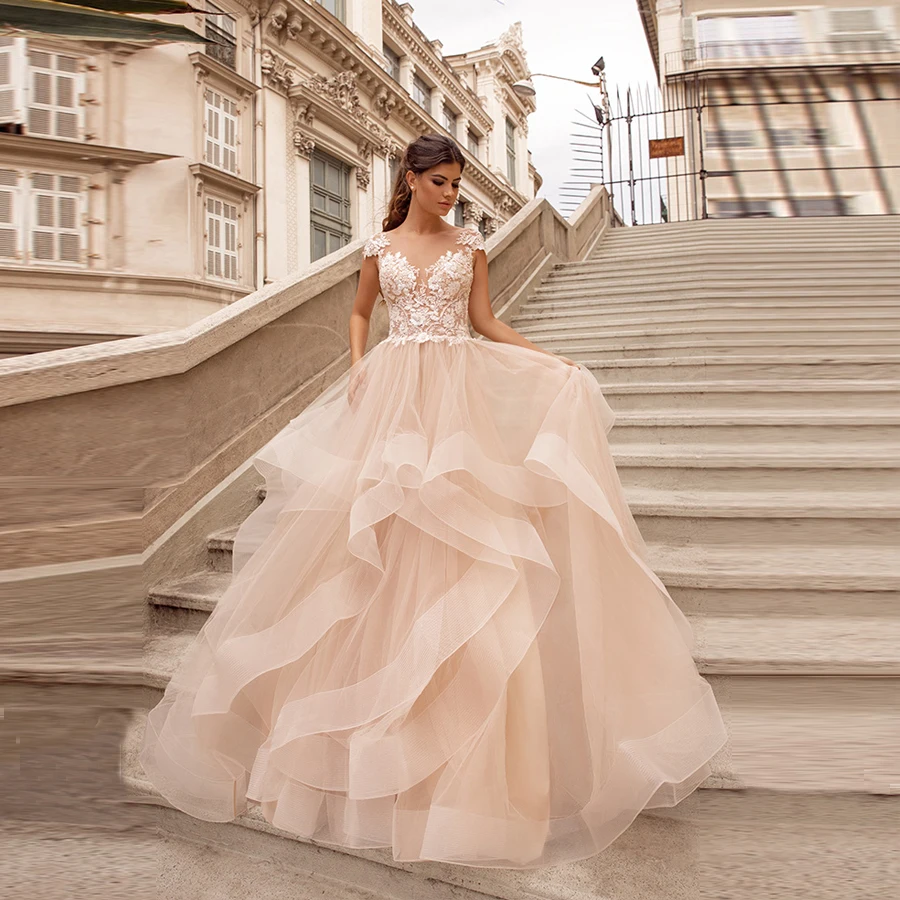 

Кружевное свадебное платье с аппликацией, вырезом лодочкой и бисером, с рукавами-крылышками, бальное платье для невесты, свадебные платья с ...