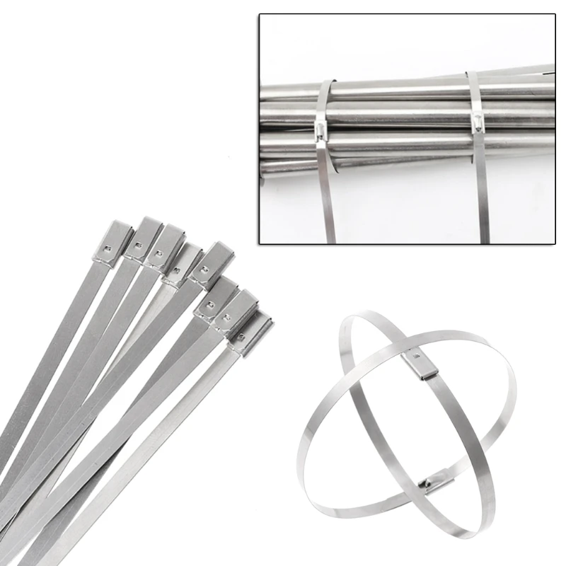 10pc Stainless Steel Exhaust Wrap Locking Cable Zip Tie Header Strap 4.6 x 300mm 